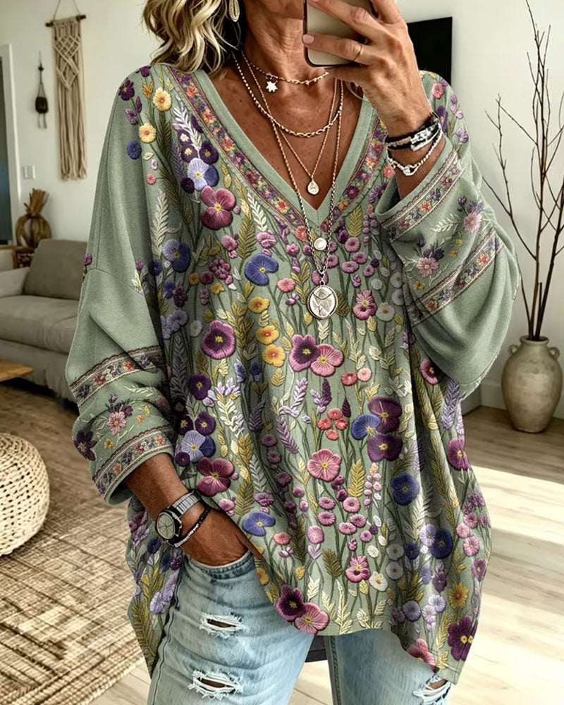 Top V-hals Bloemen Loose Lange Mouw