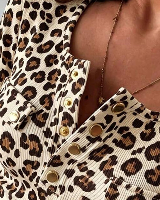 Blouse Henley Hals Luipaard Print Korte Mouw