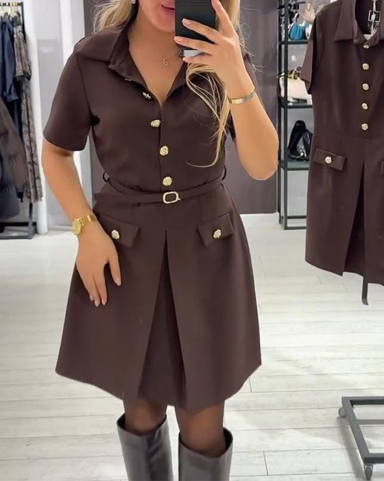 Jurk Geknoopt Kraag Korte Mouw