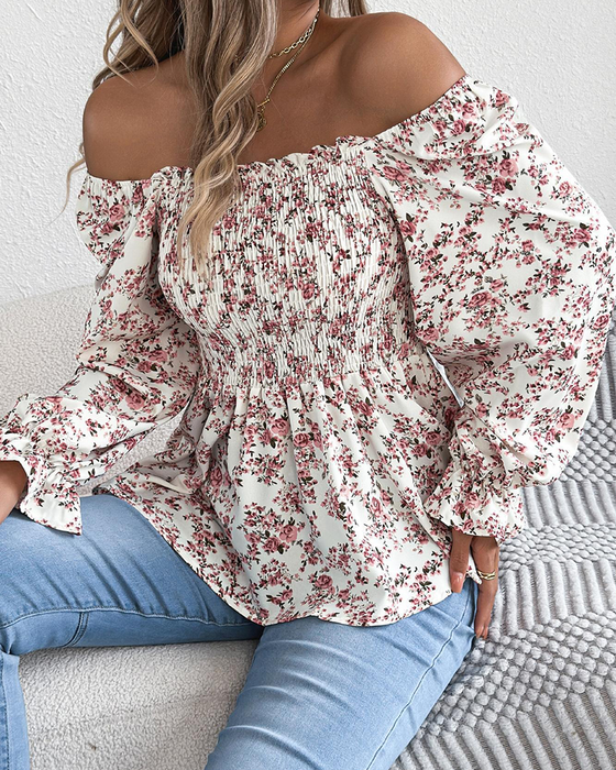 Blouse Vierkante Hals Gerimpeld Bloemig Ruffle