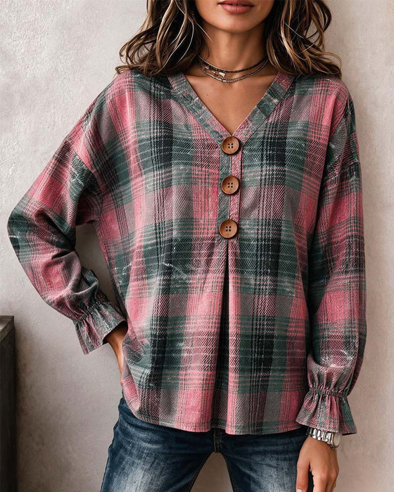 Geruit V-Hals Houten Knoop Ruche Mouw Blouse