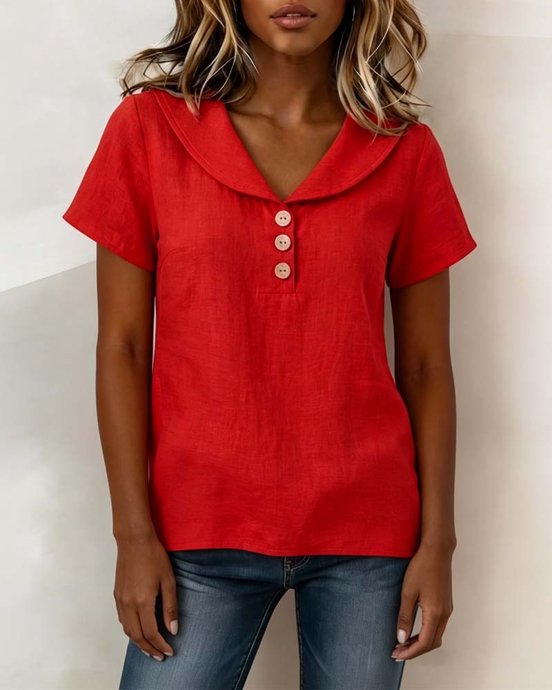 T-Shirt V-Hals Peter Pan-Kraag Knoop Korte Mouw