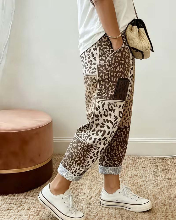 Broek Luipaard Afdruk Ruit Contrast Patchwork Casual