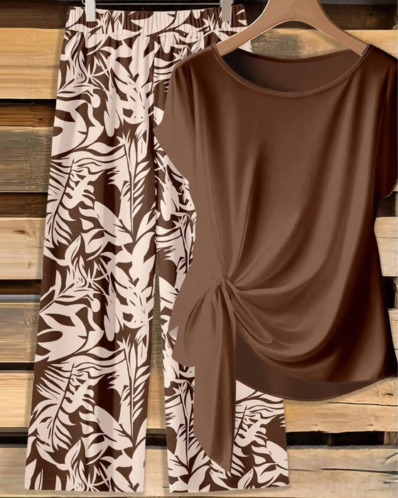 Set Knoop Blouse Print Wijde Been Broek