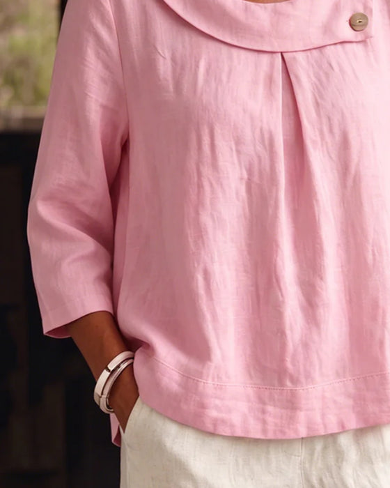 Blouse Gerolde Zoom Ronde Hals Knoop Loszittend