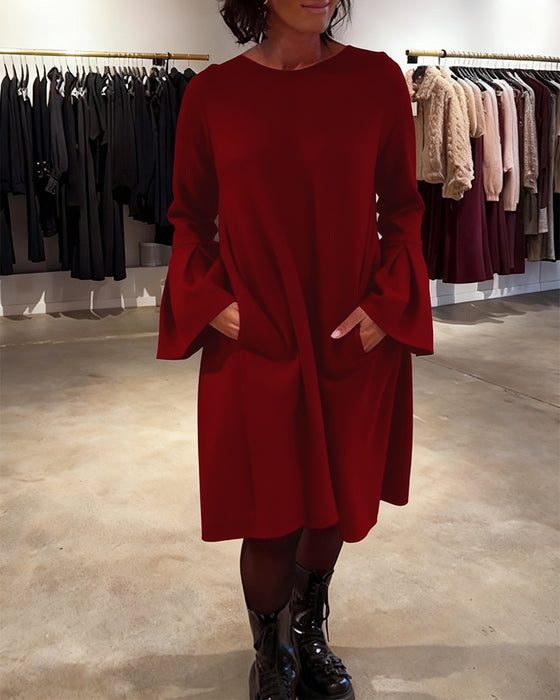 Jurk Effen Wijd Uitlopende Mouw Gerimpeld