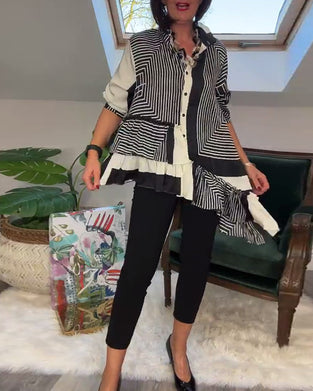 Modieus overhemd met onregelmatige patchwork-knopen en print