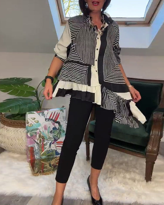 Modieus overhemd met onregelmatige patchwork-knopen en print