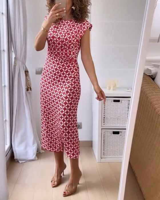 Mouwloze, elegante jurk met geometrische print en ronde hals