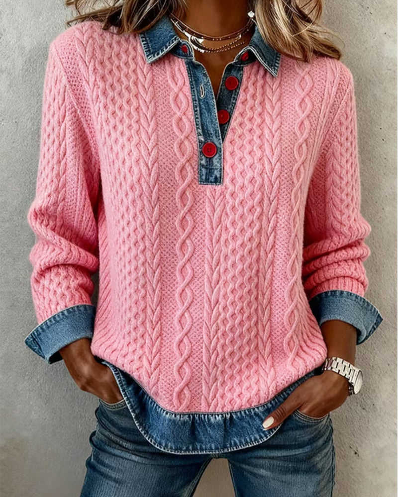 Sweatshirt Van Denim Met Patchworkdetails En Jacquard