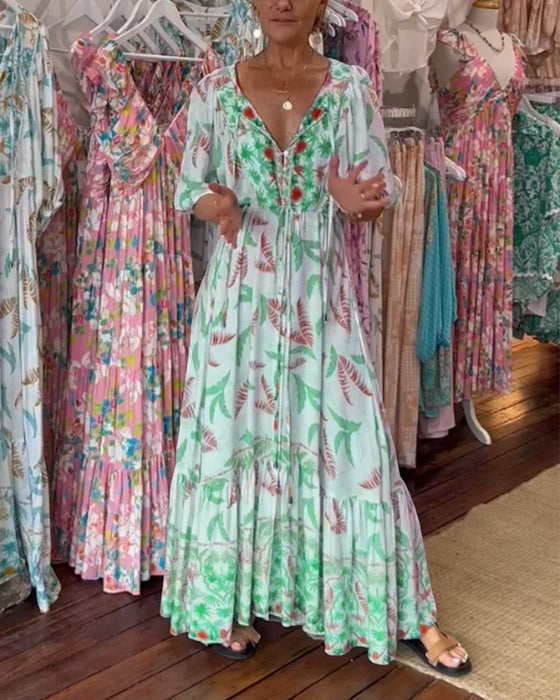 Maxi-jurk met bladprint voor dames met V-hals