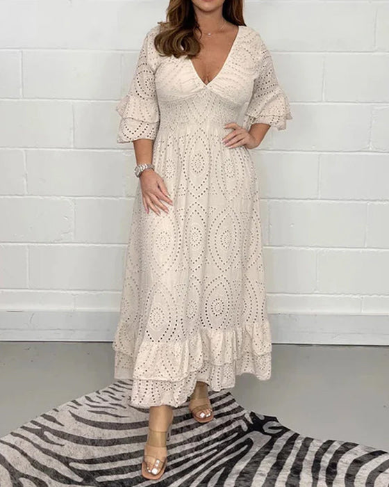 Losse effen jurk met v-hals en hoge taille