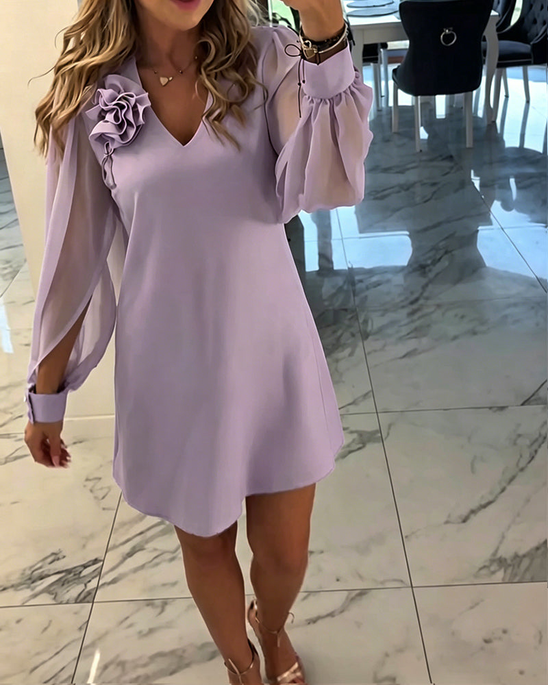 Jurk Driedimensionale Bloem V-hals Lantaarn Mouw