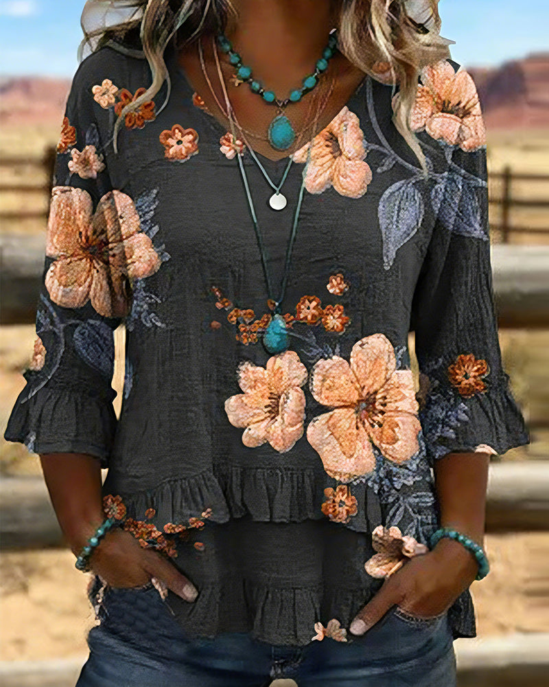 Blouse V-Hals Vintage Bloemen Loose Fit