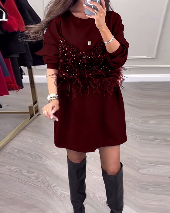 Mode effen kleur jurk met pailletten en veren patchwork