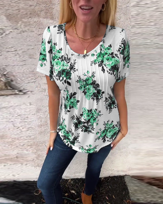 T-Shirt Met Ronde Hals Bloemenprint Geplisseerd