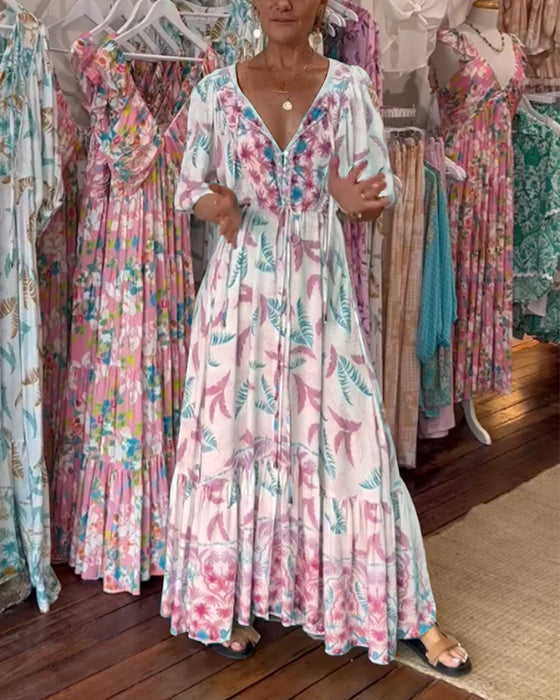 Maxi-jurk met bladprint voor dames met V-hals