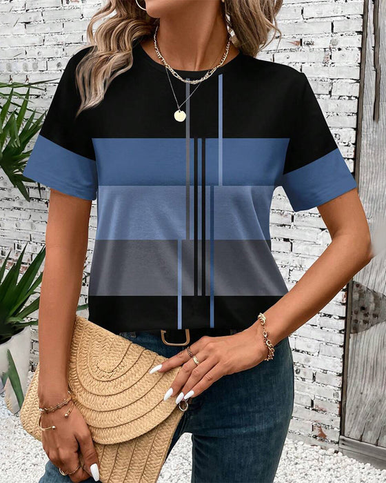 T-Shirt Ronde Hals Geometrische Print Korte Mouw