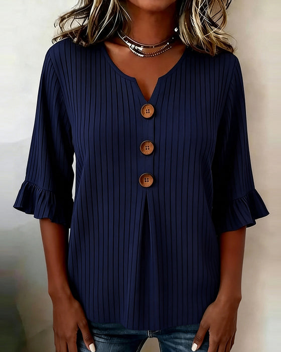 Blouse Klokmouw Geribbelde Houten Knop