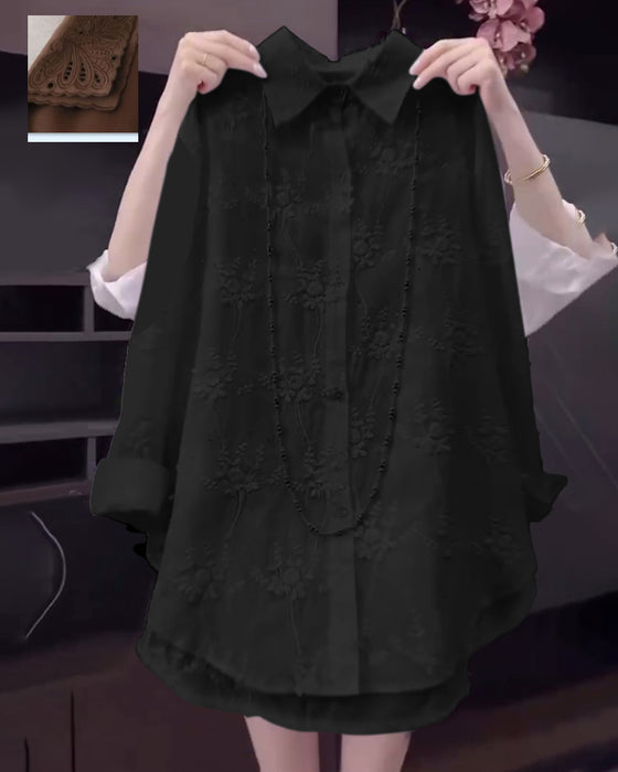 Shirt Effen Geborduurd Vallende Schouder