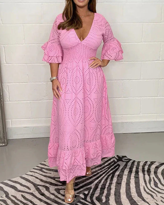 Losse effen jurk met v-hals en hoge taille