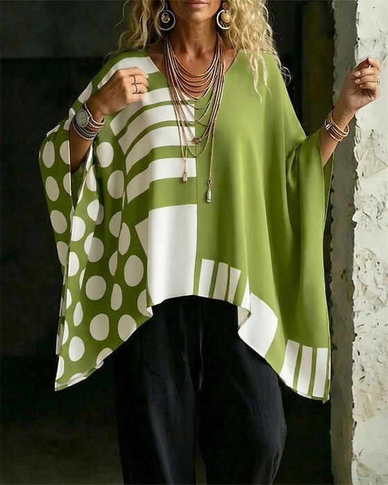 Blouse Polka Dot Streep Patchwork V Hals