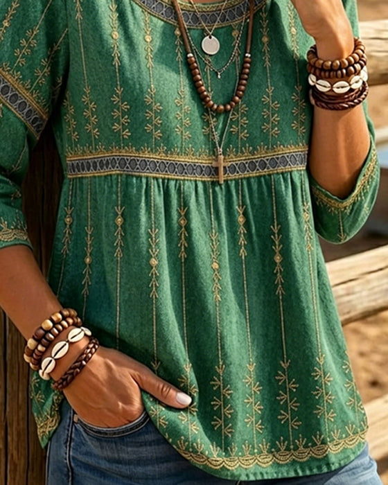 Blouse Ronde Hals Driekwartmouwen Retro