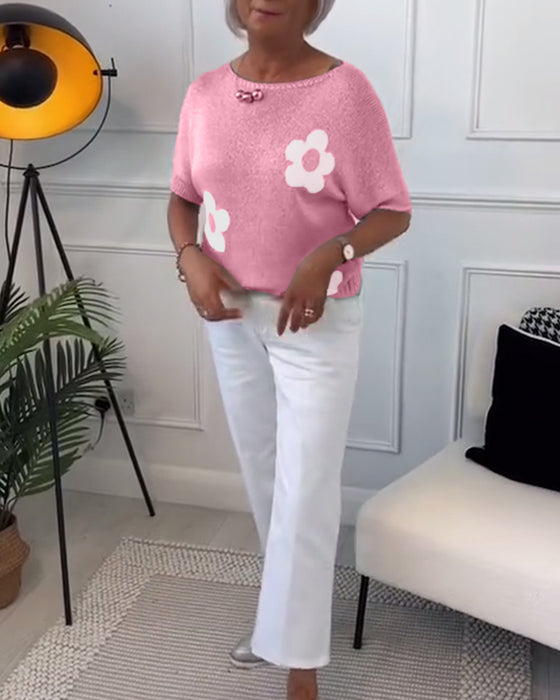 Smalle trui met ronde hals en bloemenprint