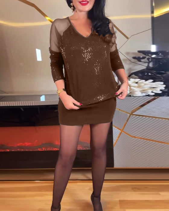 Top sexy v-hals mesh en effen pailletten