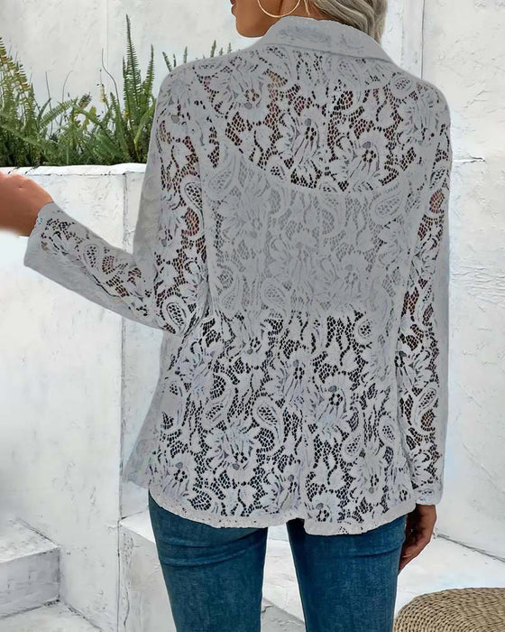 Effen kleur elegante jas met bloemenkant en revers