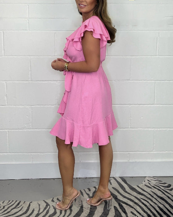 Jurk met ruches, effen kleur en V-hals