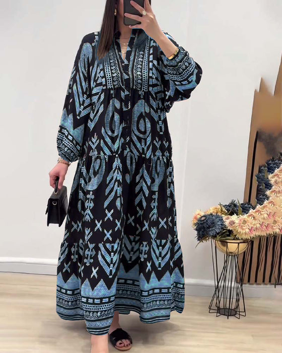 Jurk met V-hals en lange mouwen met print