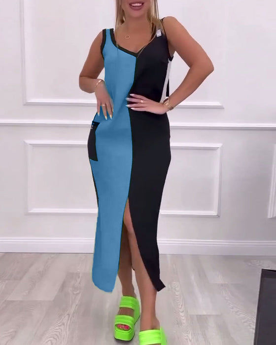 Jurk modieuze contrasterende kleur split