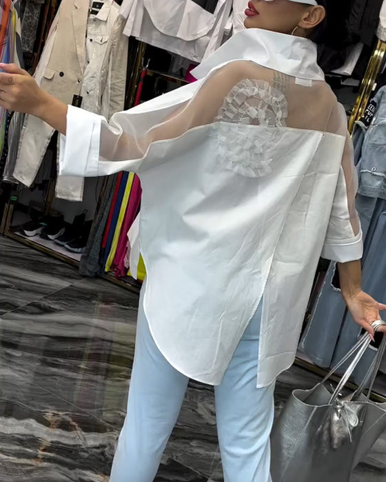 Revers kanten patchwork bloemenblouse