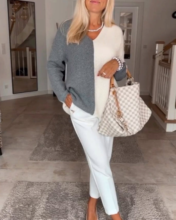 V-hals trui met kleurblok