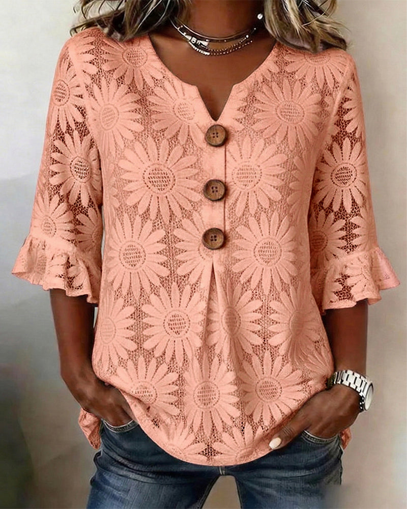Blouse Met Gerimpeld Madeliefjespatroon En Pofmouwen