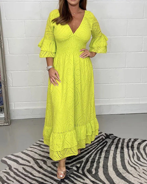 Losse effen jurk met v-hals en hoge taille