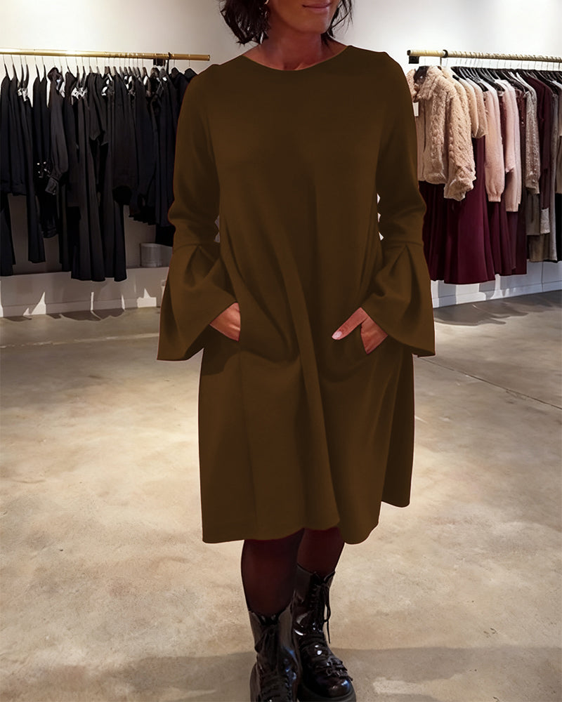 Jurk Effen Wijd Uitlopende Mouw Gerimpeld