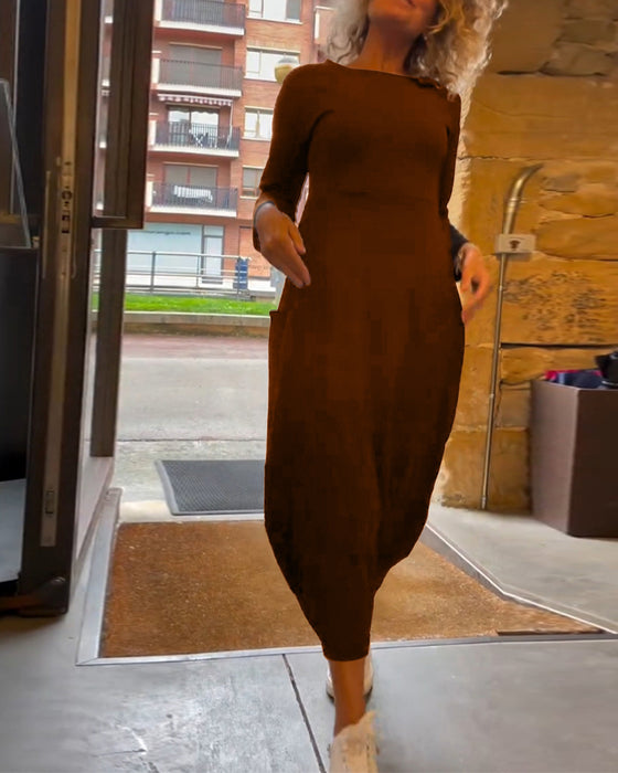 Effen kleur jurk met ronde hals lange mouw en zak