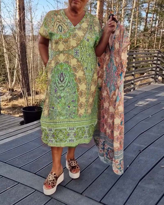 Jurk V-Hals Korte Mouwen Bedrukt Recht