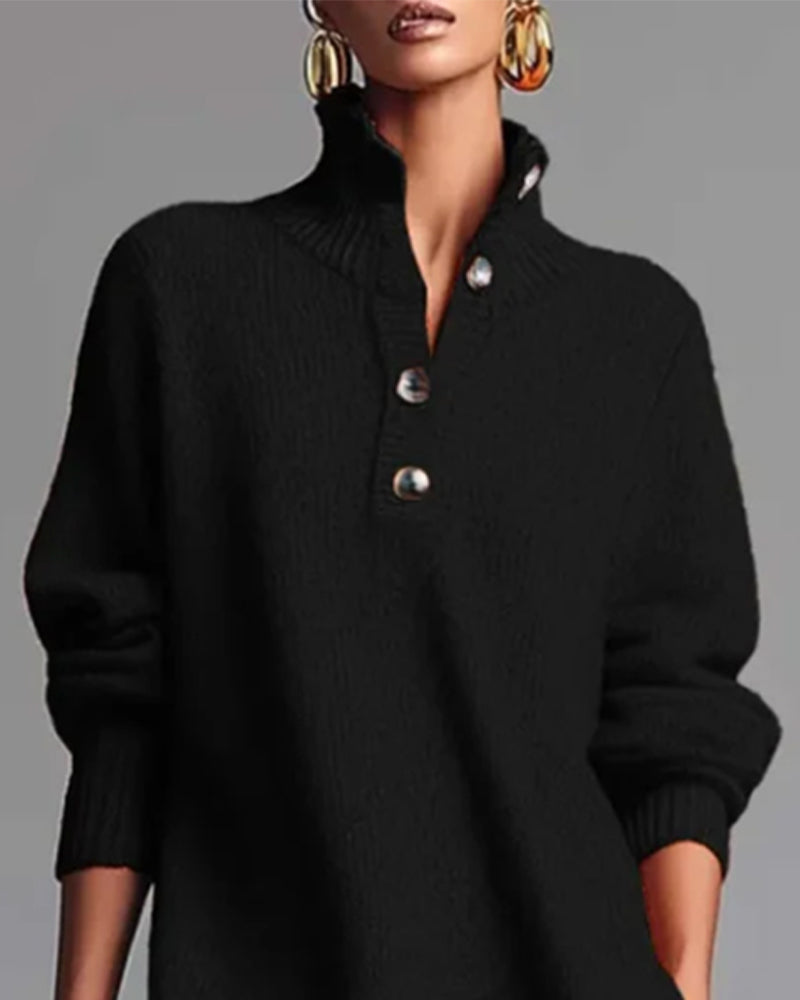 Effen Kleur Jurk Met Knopen En Hoge Hals