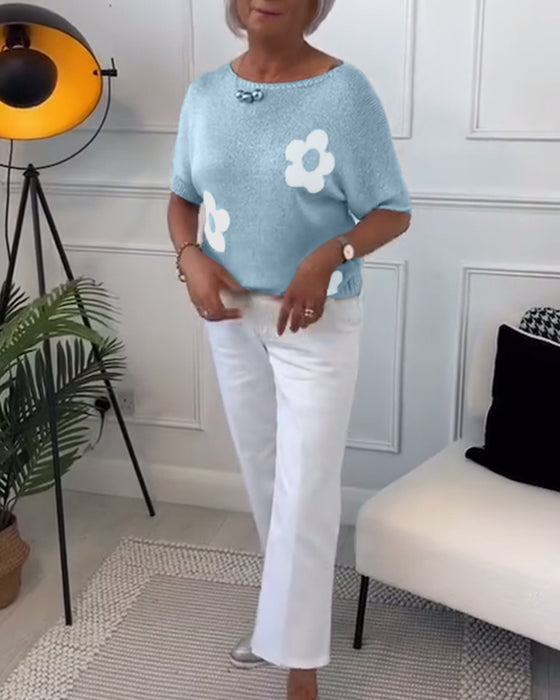 Smalle trui met ronde hals en bloemenprint