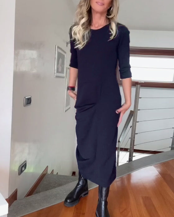 Ronde hals geplooide effen elegante jurk