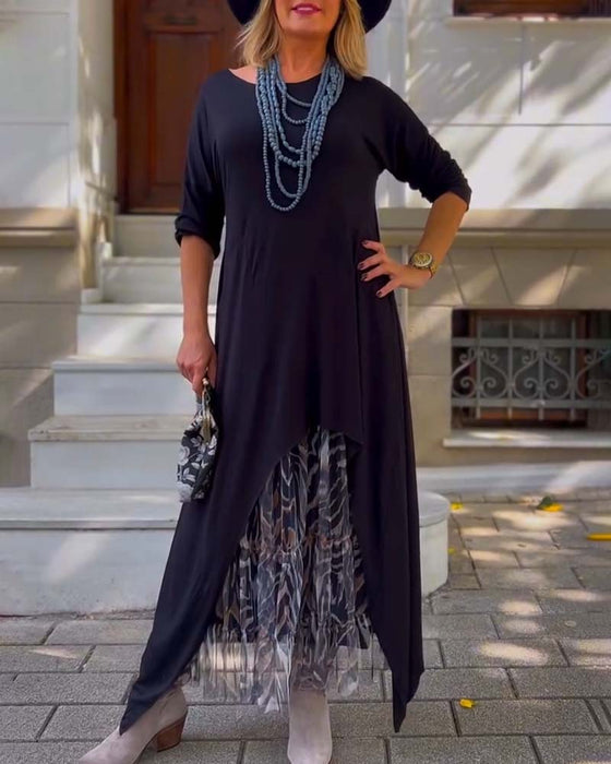 Jurk Lange Mouw Effen Kleur Onregelmatig