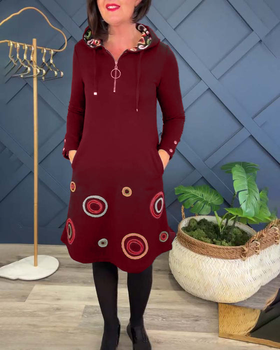 Casual jurk met rits en capuchon en cirkelprint