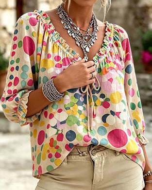Blouse V-Hals Stippen Met Vetersluiting