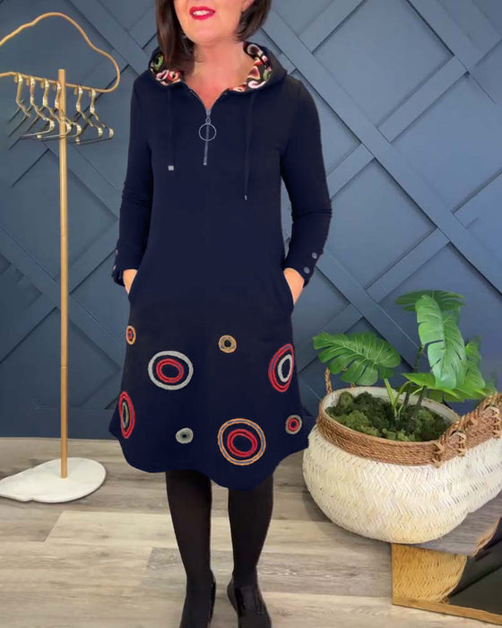Casual jurk met rits en capuchon en cirkelprint