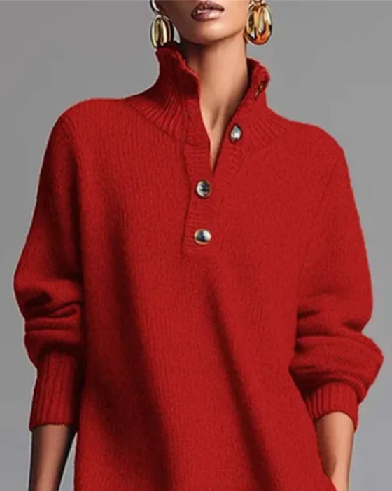 Effen Kleur Jurk Met Knopen En Hoge Hals