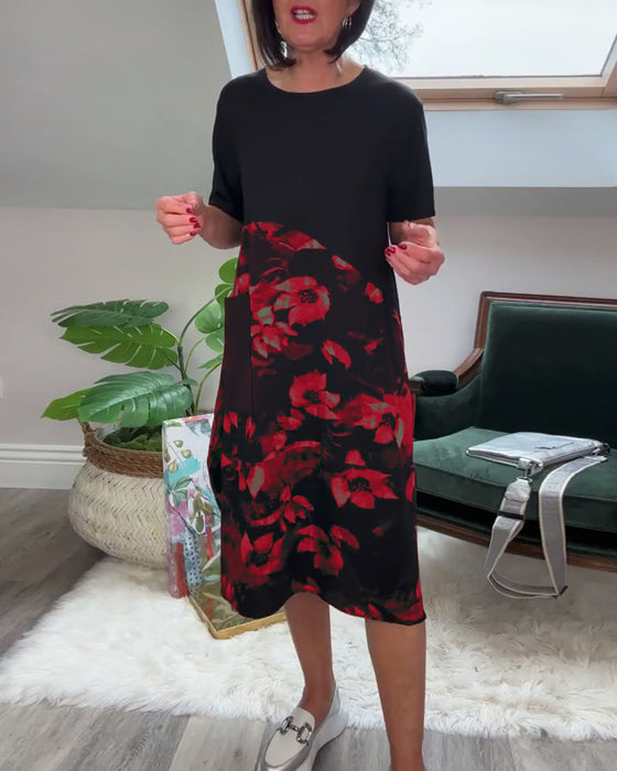 Casual patchworkjurk met ronde hals en bloemenprint