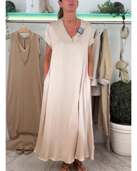 Casual effen kleur jurk met V-hals en zak